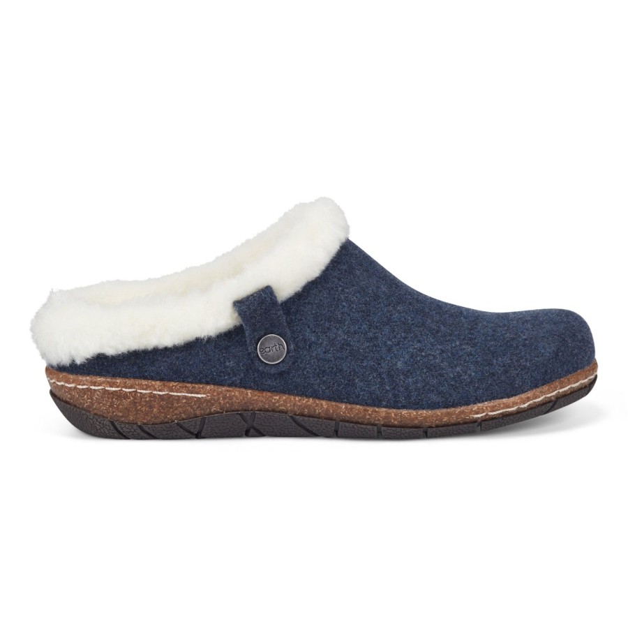 Casual Earth Shoes | Elena Cold Weather Round Toe Casual Slip-On Clogs Dark Blue Wool