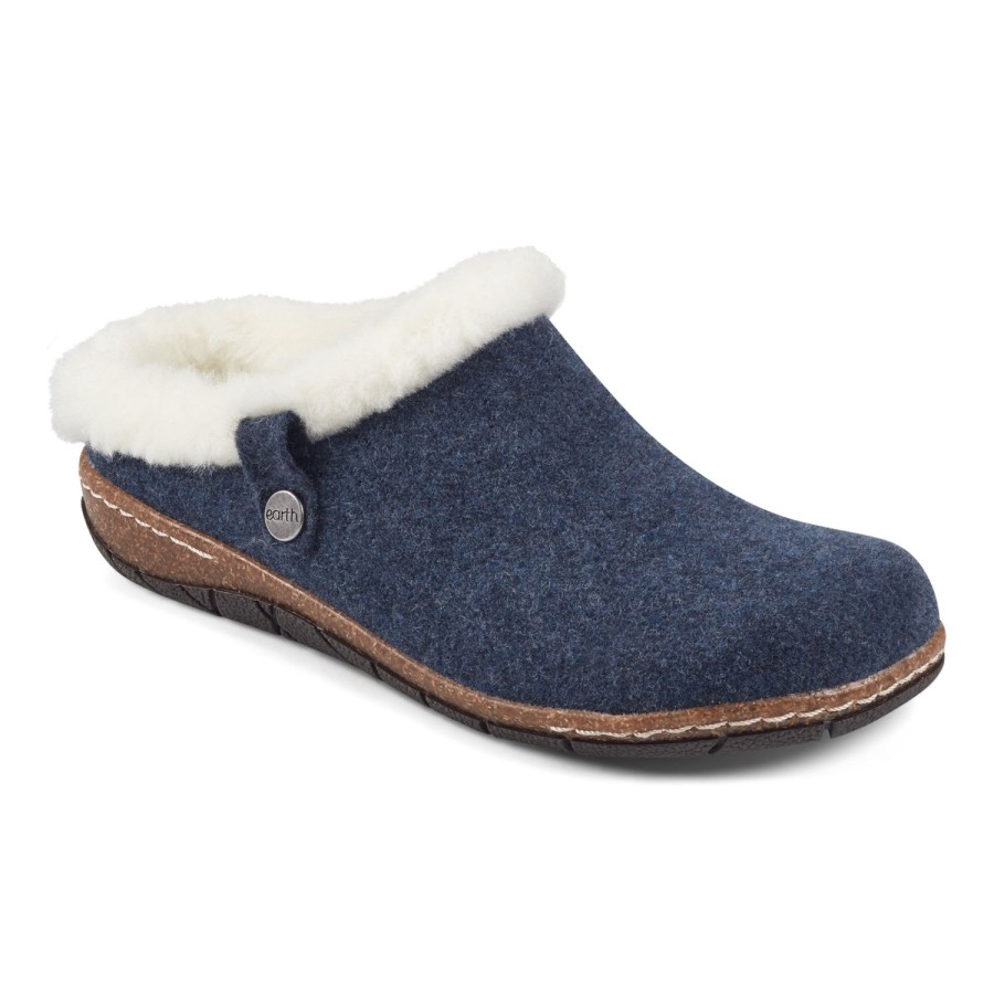 Casual Earth Shoes | Elena Cold Weather Round Toe Casual Slip-On Clogs Dark Blue Wool