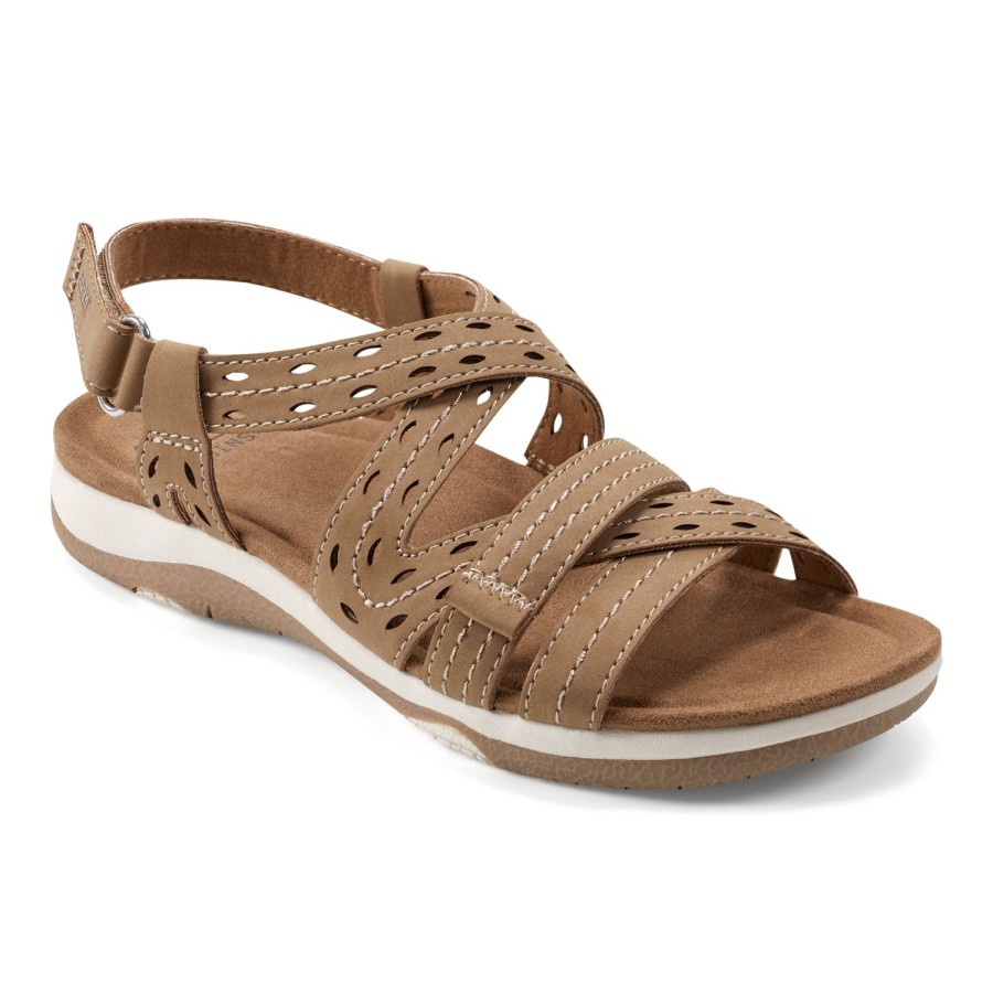 Casual Earth Shoes | Sass Round Toe Strappy Casual Flat Sandals Light Brown