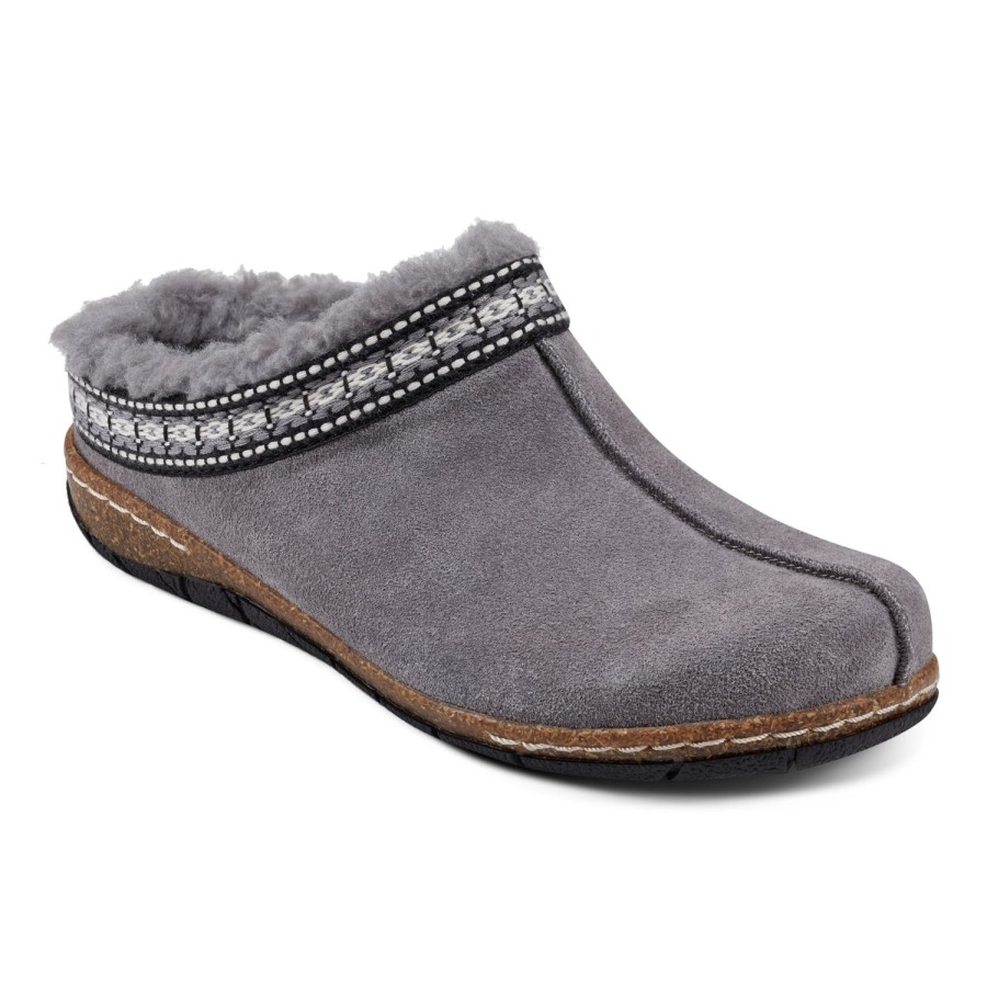 Casual Earth Shoes | Elya Round Toe Casual Slip-On Flat Clogs Dark Gray