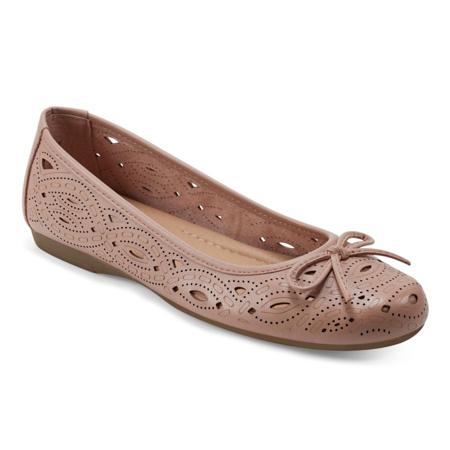 Casual Earth Shoes | Josie Laser Cut Round Toe Casual Ballet Slip-On Flats Light Pink