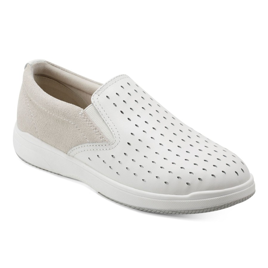 Casual Earth Shoes | Nel Laser Cut Round Toe Casual Slip-On Sneakers White