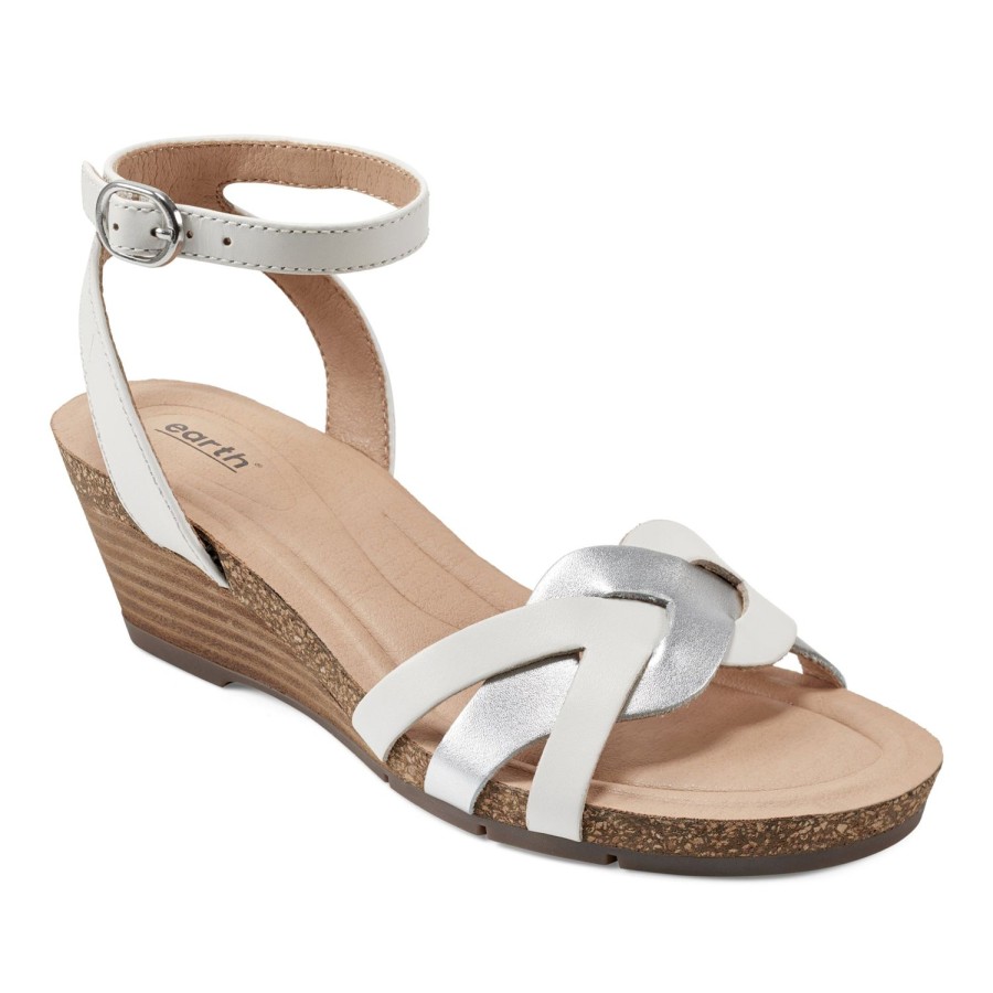 Casual Earth Shoes | Herly Woven Strappy Stacked Heel Dress Sandals White