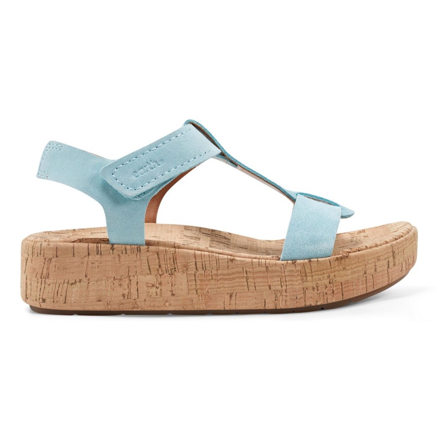 Casual Earth Shoes | Shari Sqaure Toe Platform Casual Wedge Sandals Light Blue