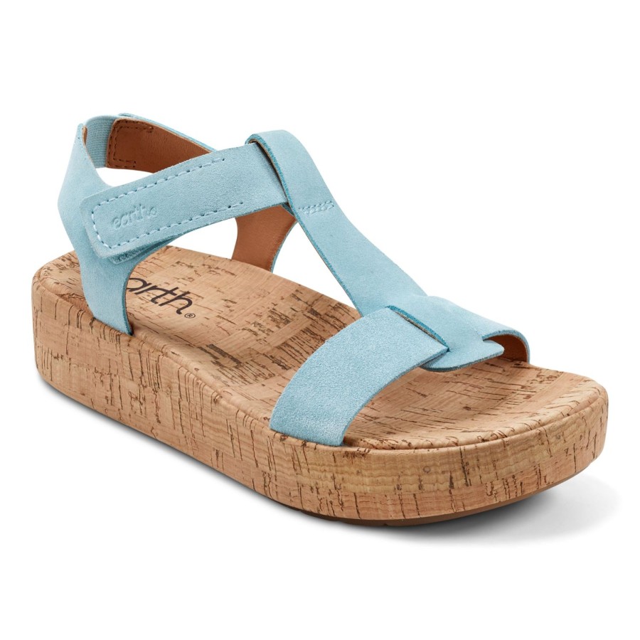 Casual Earth Shoes | Shari Sqaure Toe Platform Casual Wedge Sandals Light Blue