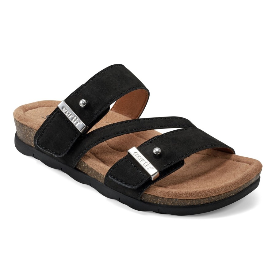 Casual Earth Shoes | Effa Strappy Casual Flat Slip-On Sandals Black