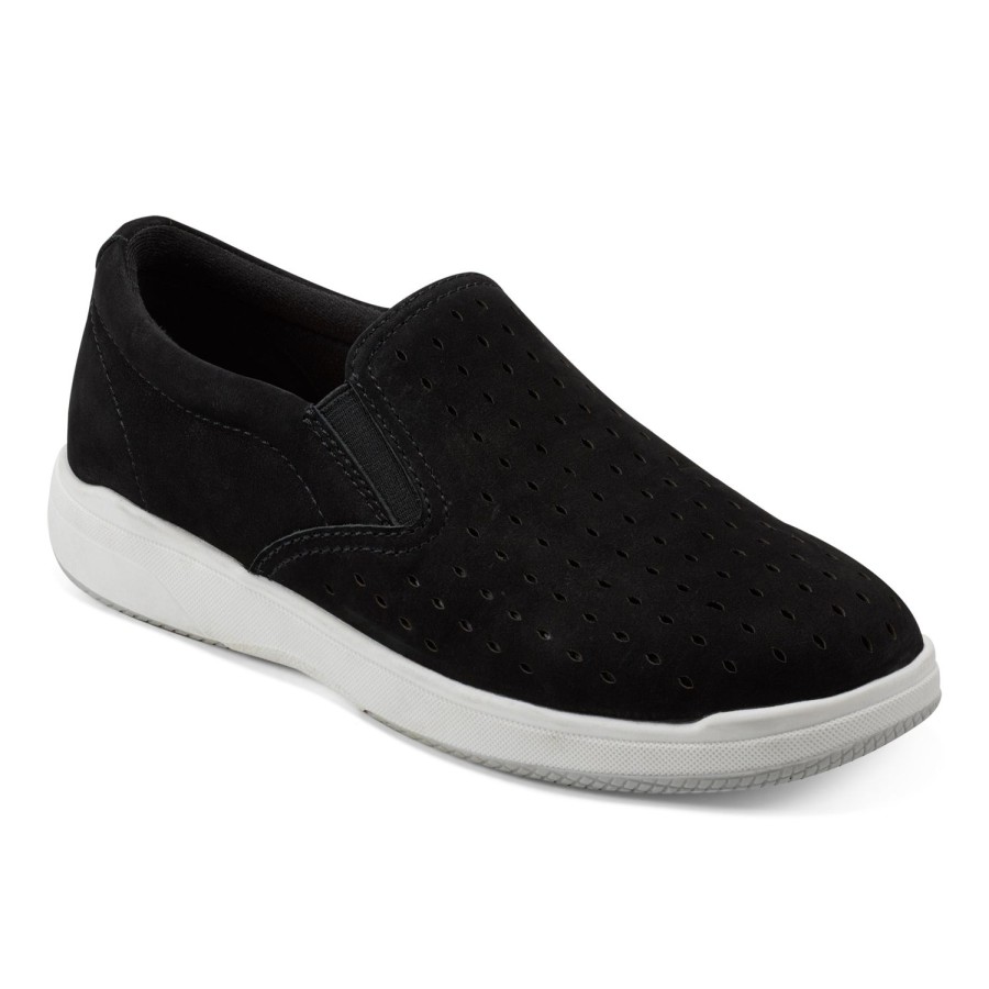 Casual Earth Shoes | Nel Laser Cut Round Toe Casual Slip-On Sneakers Black