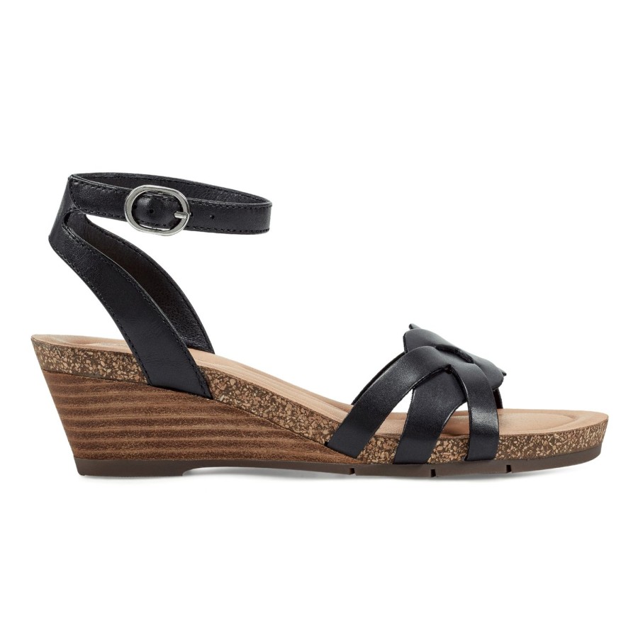 Casual Earth Shoes | Herly Woven Strappy Stacked Heel Dress Sandals Black