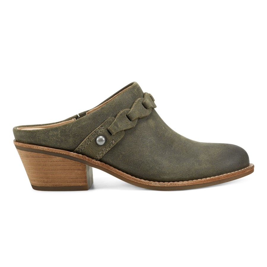 Casual Earth Shoes | Juliet Block Heel Lug Sole Casual Mules Dark Green