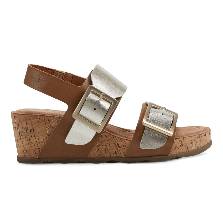 Casual Earth Shoes | Willa Strappy Casual Mid Cork Wedge Sandals Gold