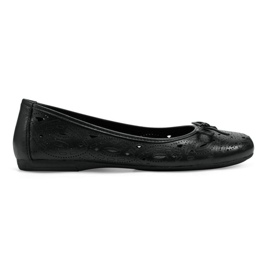 Casual Earth Shoes | Josie Laser Cut Round Toe Casual Ballet Slip-On Flats Black