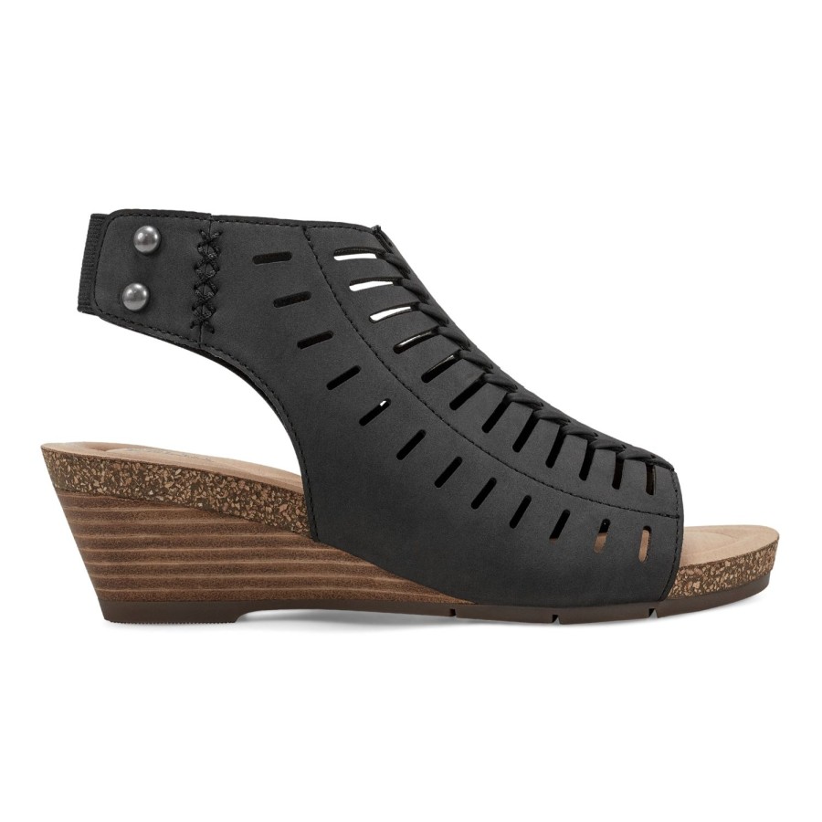 Casual Earth Shoes | Hana Round Toe Laser Cut Dress Sandals Black