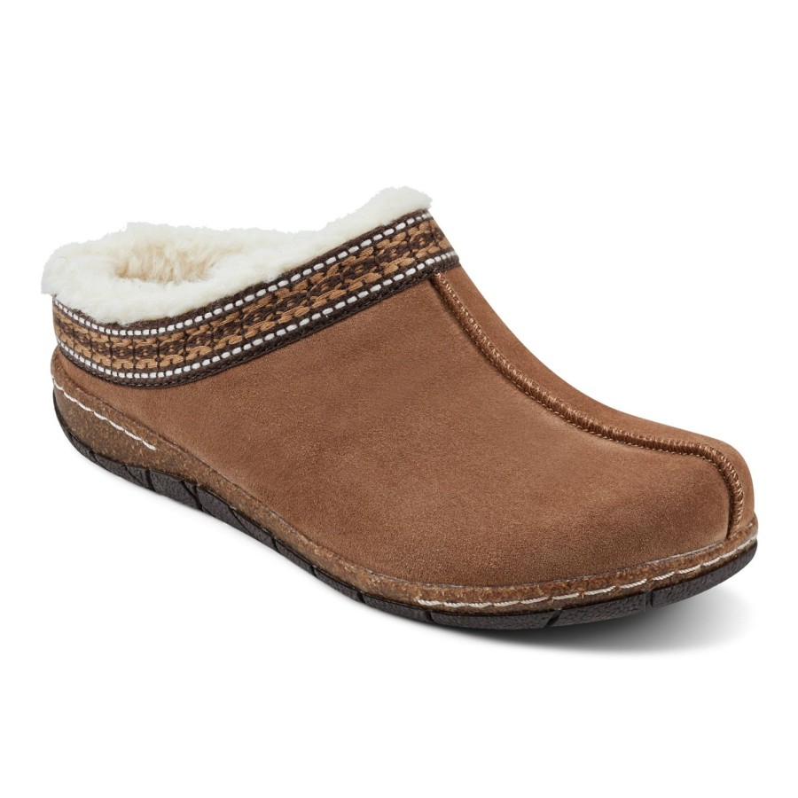 Casual Earth Shoes | Elya Round Toe Casual Slip-On Flat Clogs Medium Brown