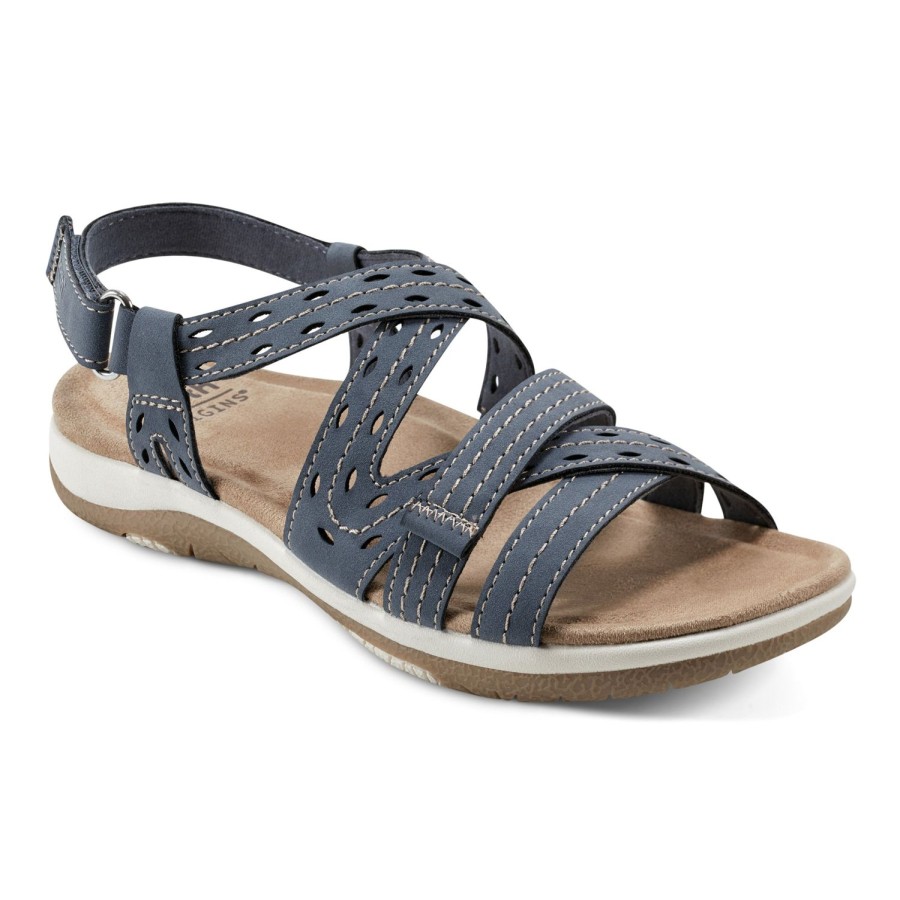 Casual Earth Shoes | Sass Round Toe Strappy Casual Flat Sandals Medium Blue