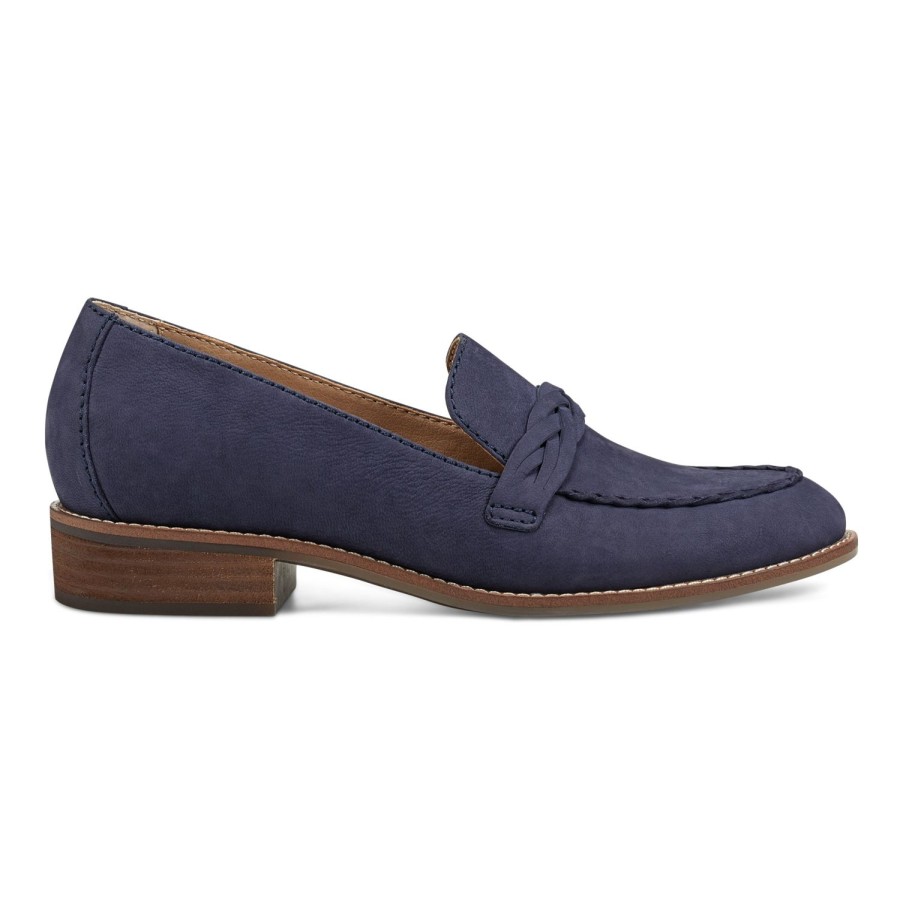 Casual Earth Shoes | Edie Stacked Heel Casual Slip-On Loafers Dark Blue