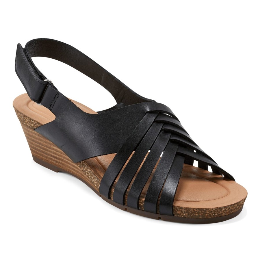 Casual Earth Shoes | Hartie Round Toe Stacked Heel Dress Sandals Black