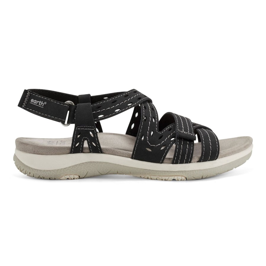 Casual Earth Shoes | Sass Round Toe Strappy Casual Flat Sandals Black