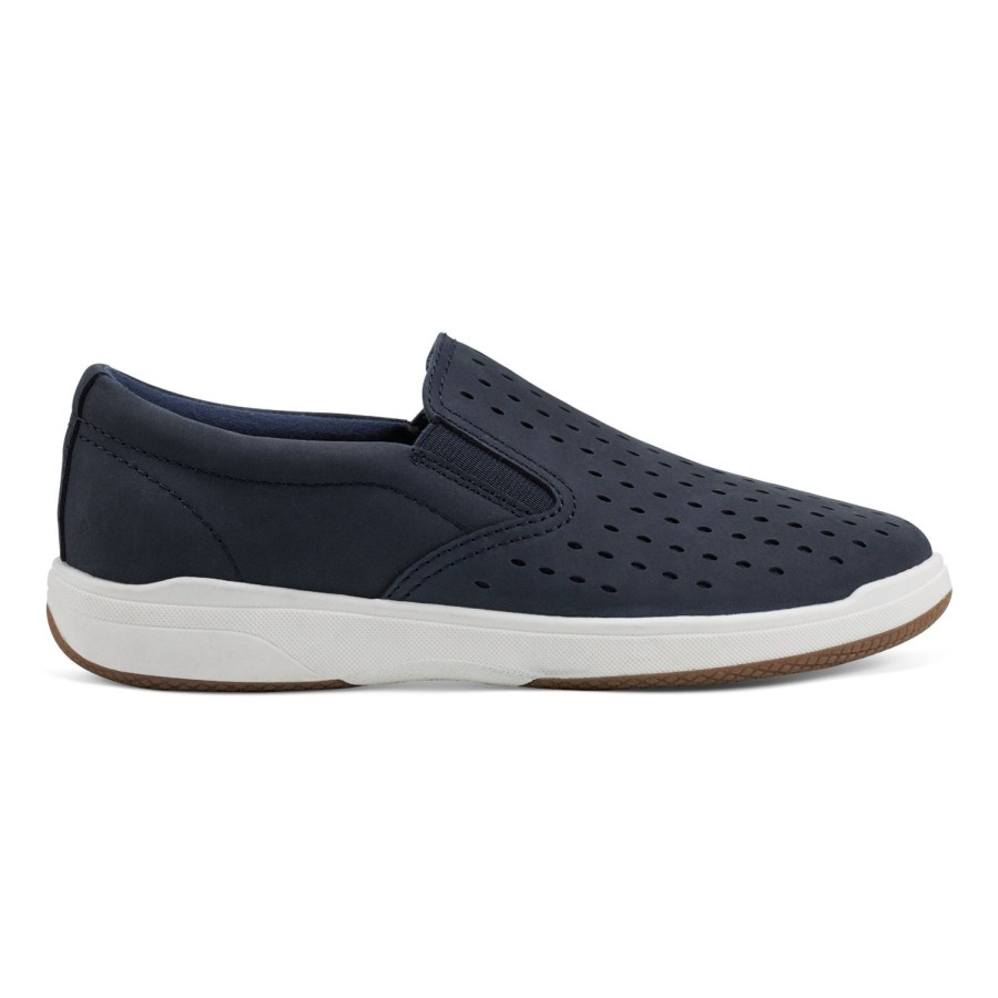 Casual Earth Shoes | Nel Laser Cut Round Toe Casual Slip-On Sneakers Dark Blue