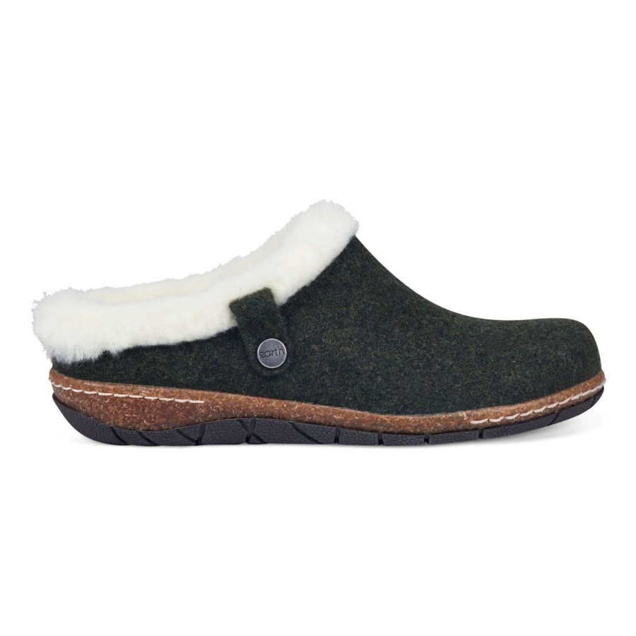 Casual Earth Shoes | Elena Cold Weather Round Toe Casual Slip-On Clogs Dark Green