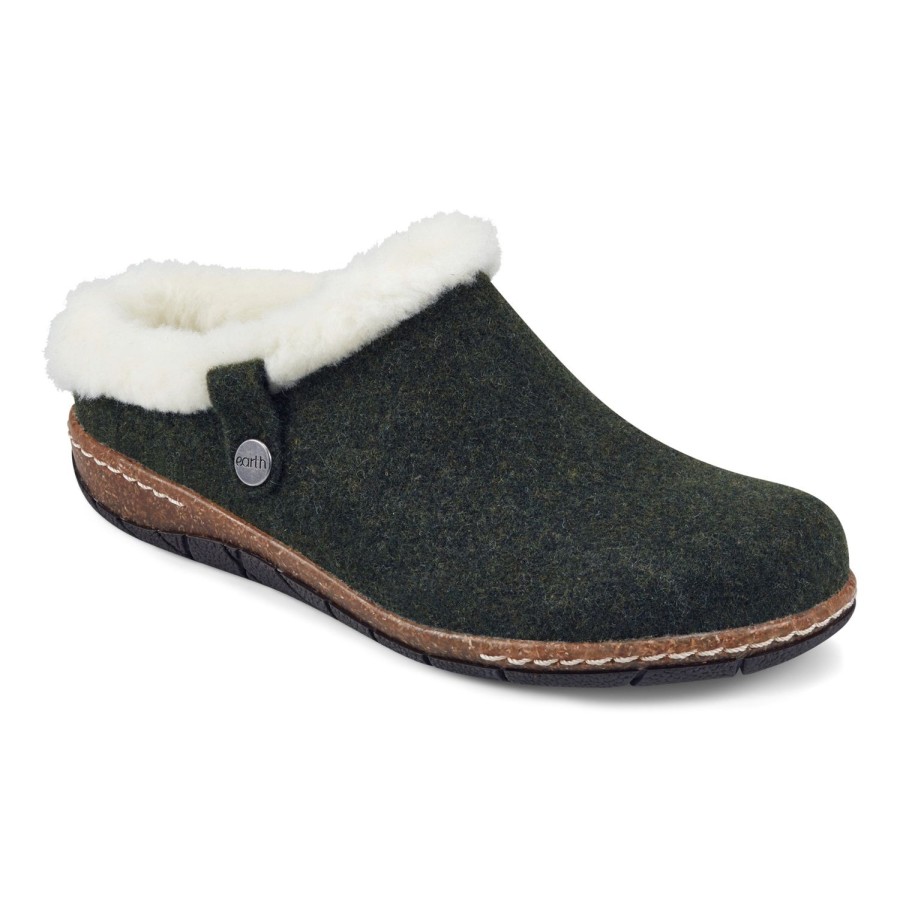 Casual Earth Shoes | Elena Cold Weather Round Toe Casual Slip-On Clogs Dark Green