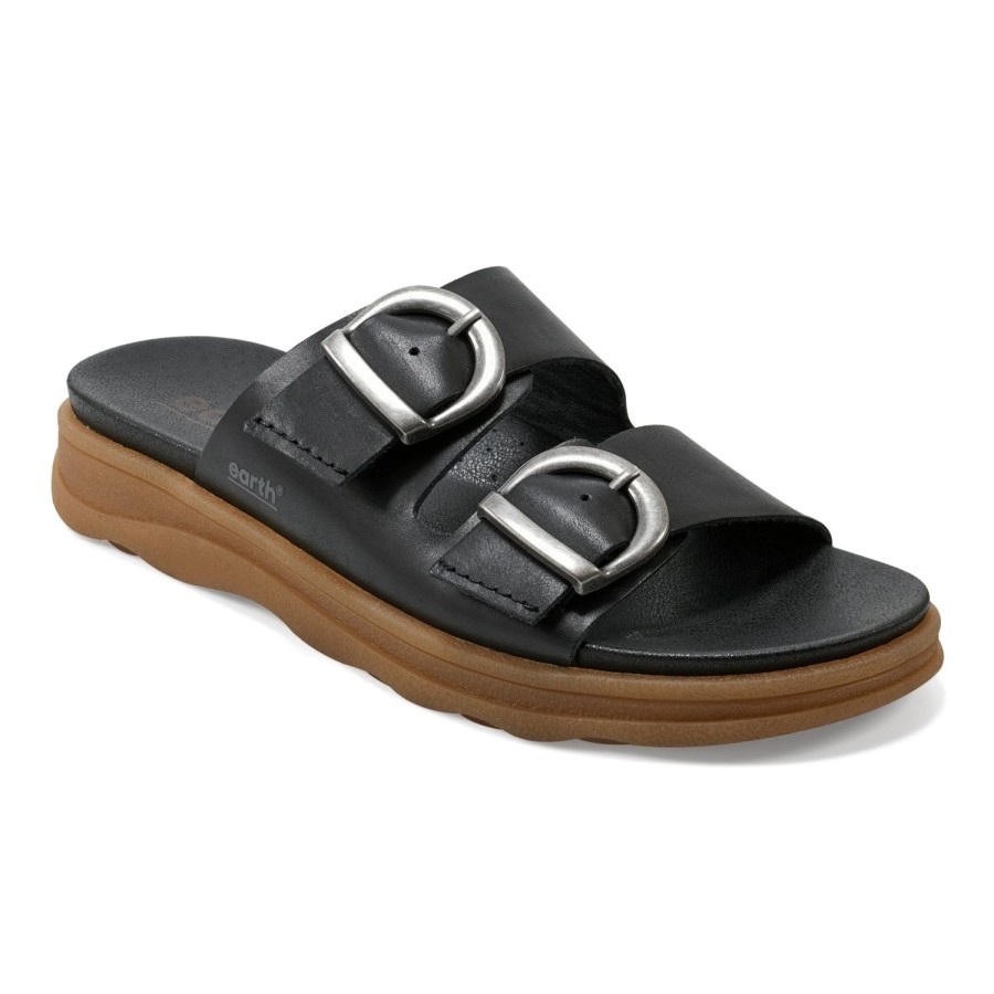 Casual Earth Shoes | Lory Strappy Casual Flat Slip-On Sandals Black