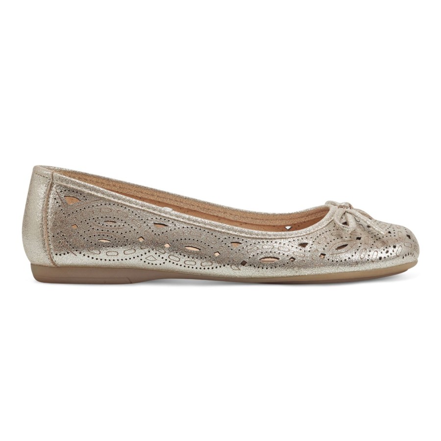 Casual Earth Shoes | Josie Laser Cut Round Toe Casual Ballet Slip-On Flats Gold