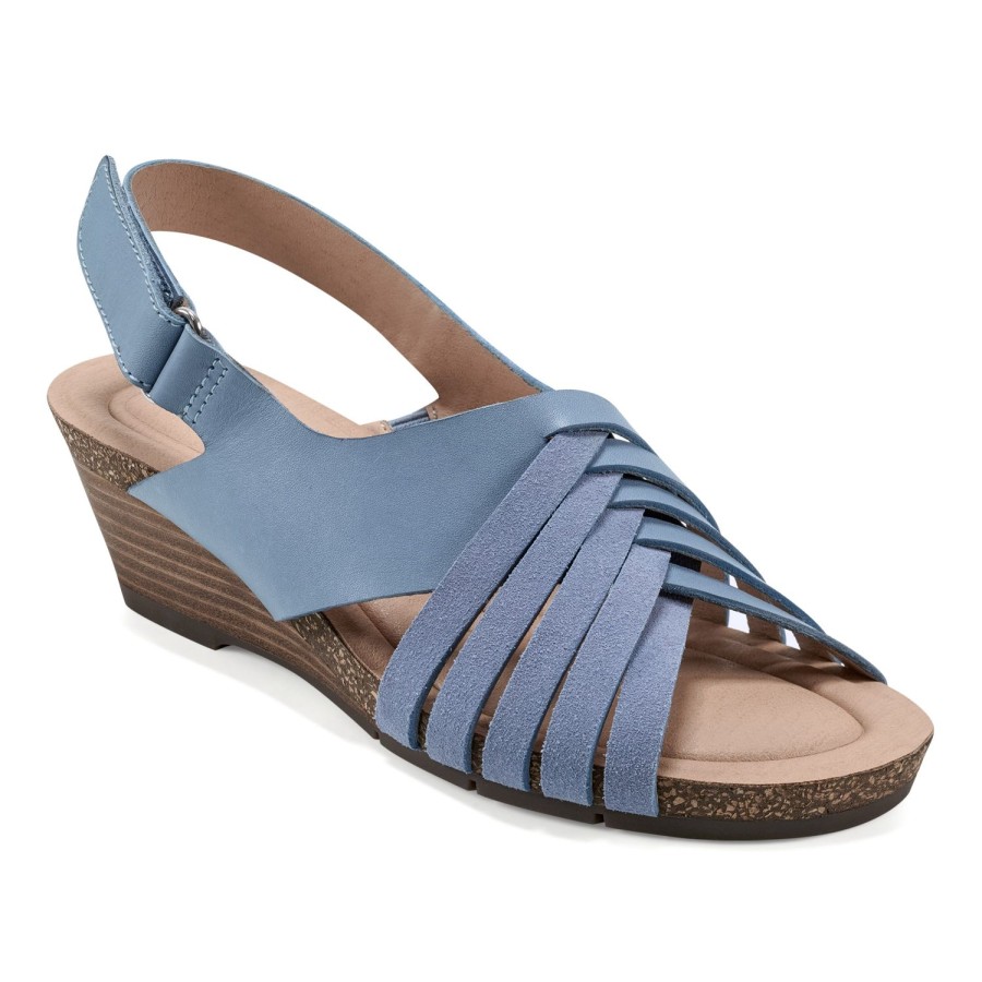 Casual Earth Shoes | Hartie Round Toe Stacked Heel Dress Sandals Medium Blue