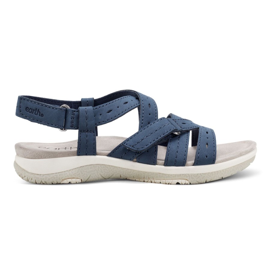 Casual Earth Shoes | Samsin Round Toe Strappy Casual Flat Sandals Dark Blue