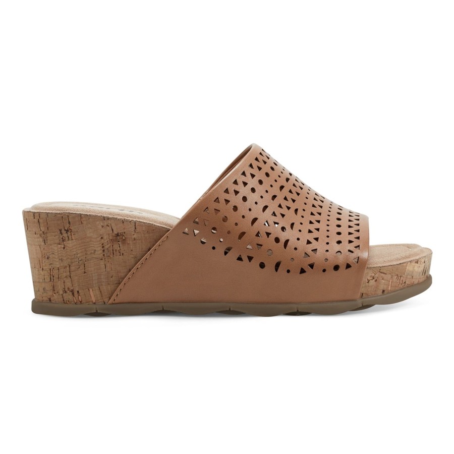 Casual Earth Shoes | Wendy Laser Cut Casual Slip-On Wedge Sandals Dark Natural