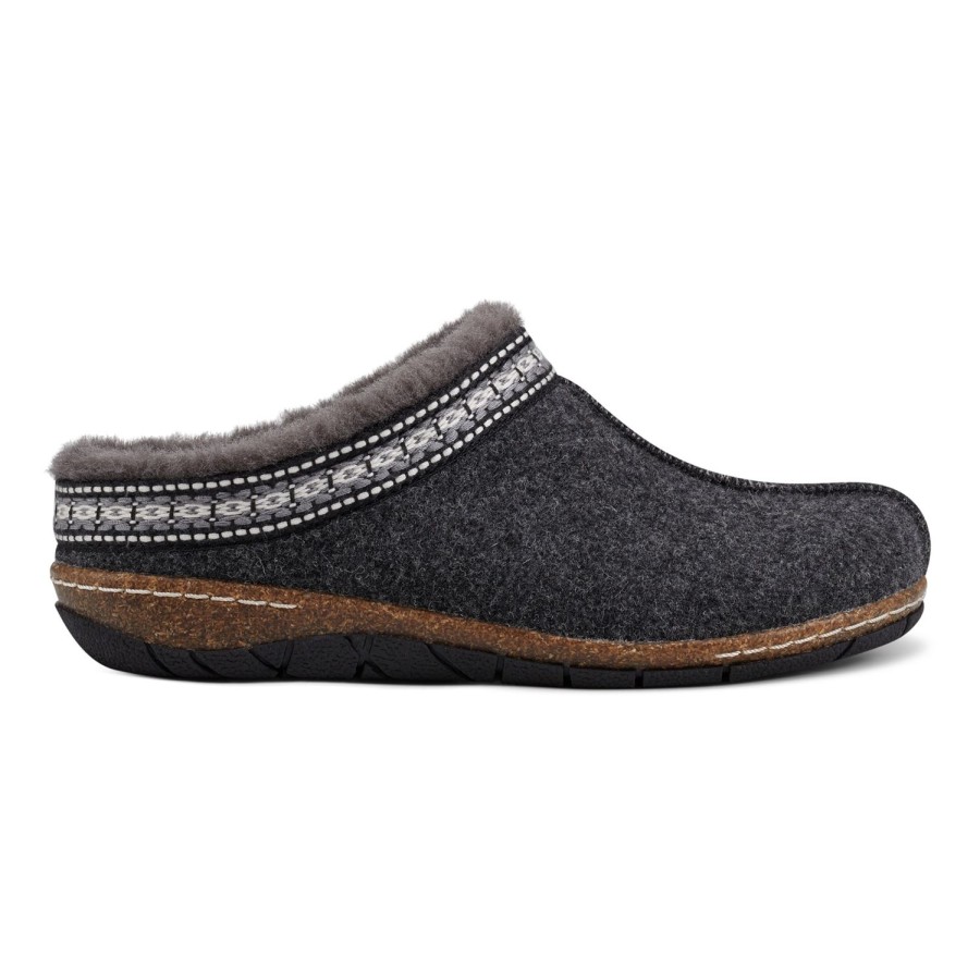 Casual Earth Shoes | Elya Round Toe Casual Slip-On Flat Clogs Dark Gray Wool