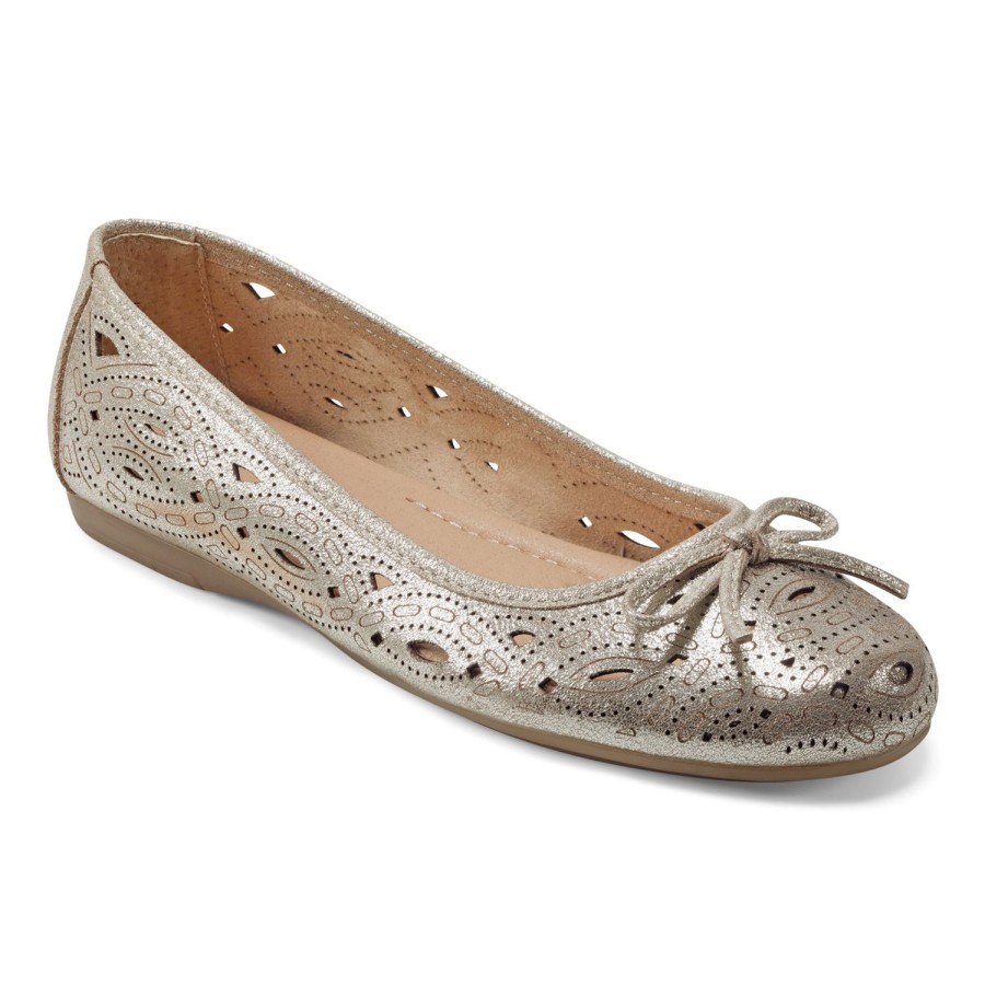 Casual Earth Shoes | Josie Laser Cut Round Toe Casual Ballet Slip-On Flats Gold