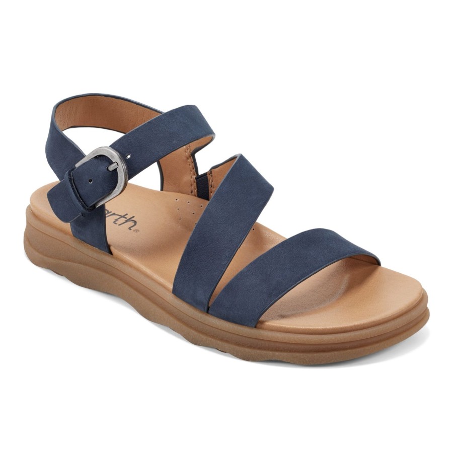 Casual Earth Shoes | Lainey Casual Strappy Round Toe Flat Sandals Medium Blue