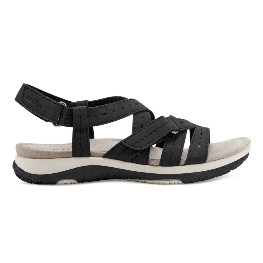 Casual Earth Shoes | Samsin Round Toe Strappy Casual Flat Sandals Black