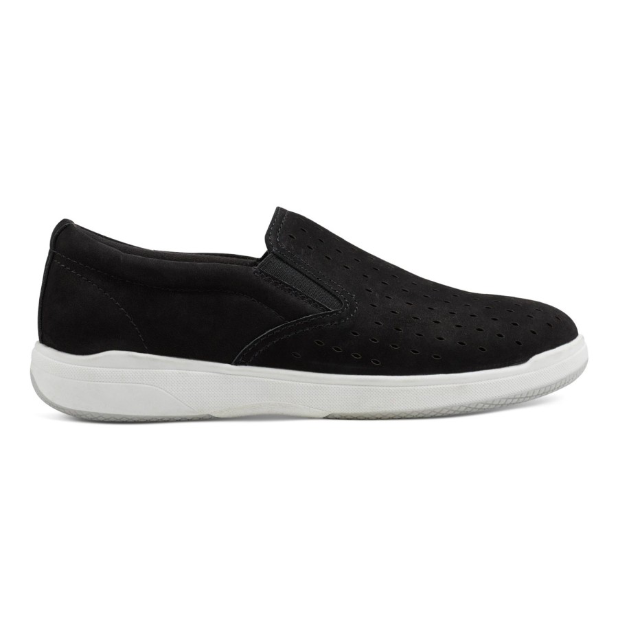 Casual Earth Shoes | Nel Laser Cut Round Toe Casual Slip-On Sneakers Black