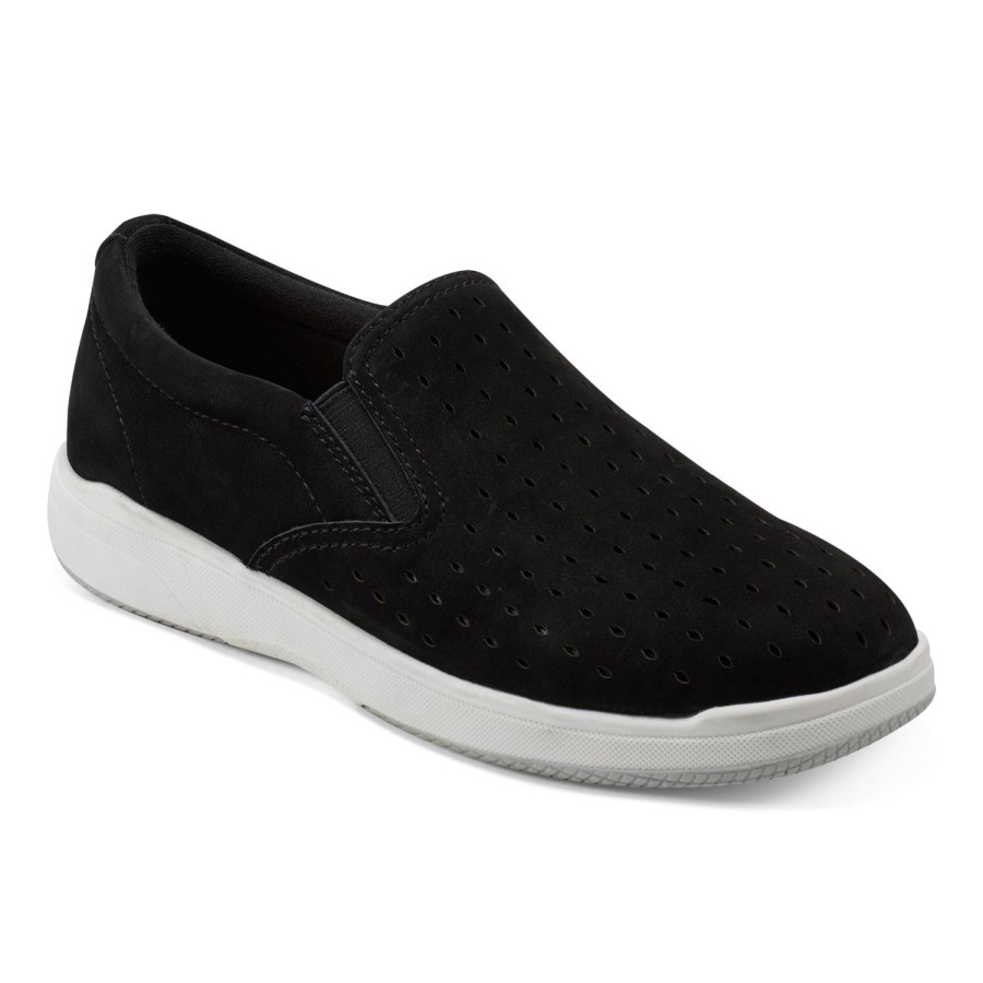 Casual Earth Shoes | Nel Laser Cut Round Toe Casual Slip-On Sneakers Black