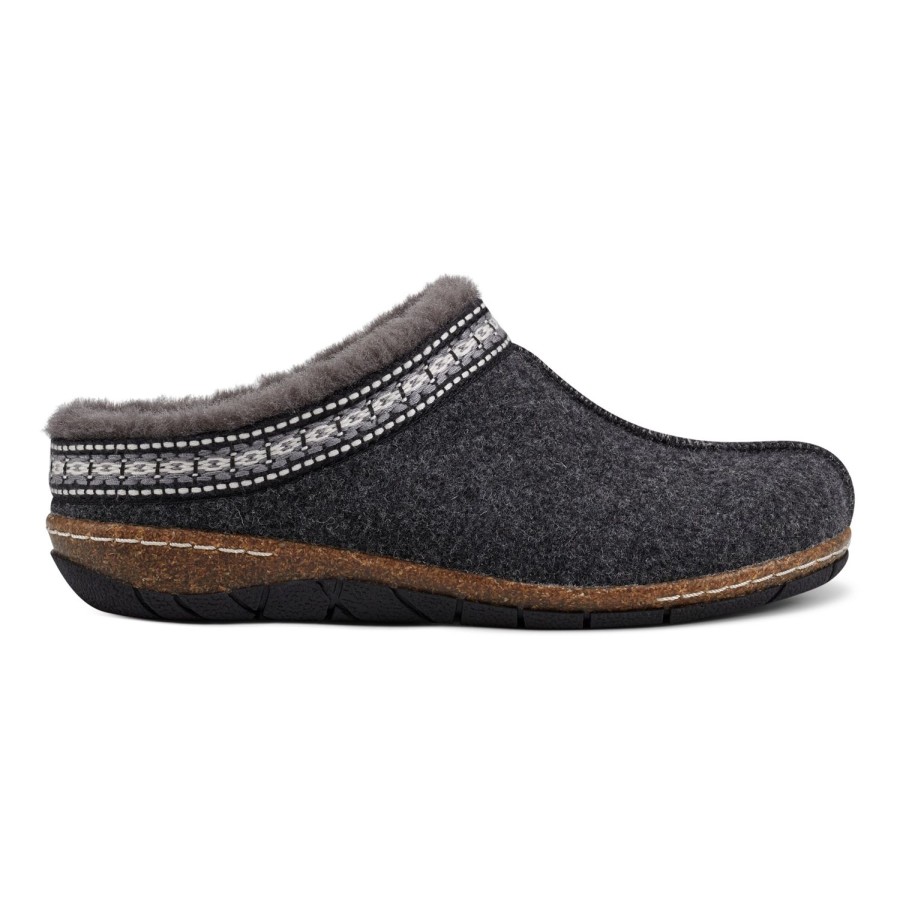 Casual Earth Shoes | Elya Round Toe Casual Slip-On Flat Clogs Dark Gray Wool