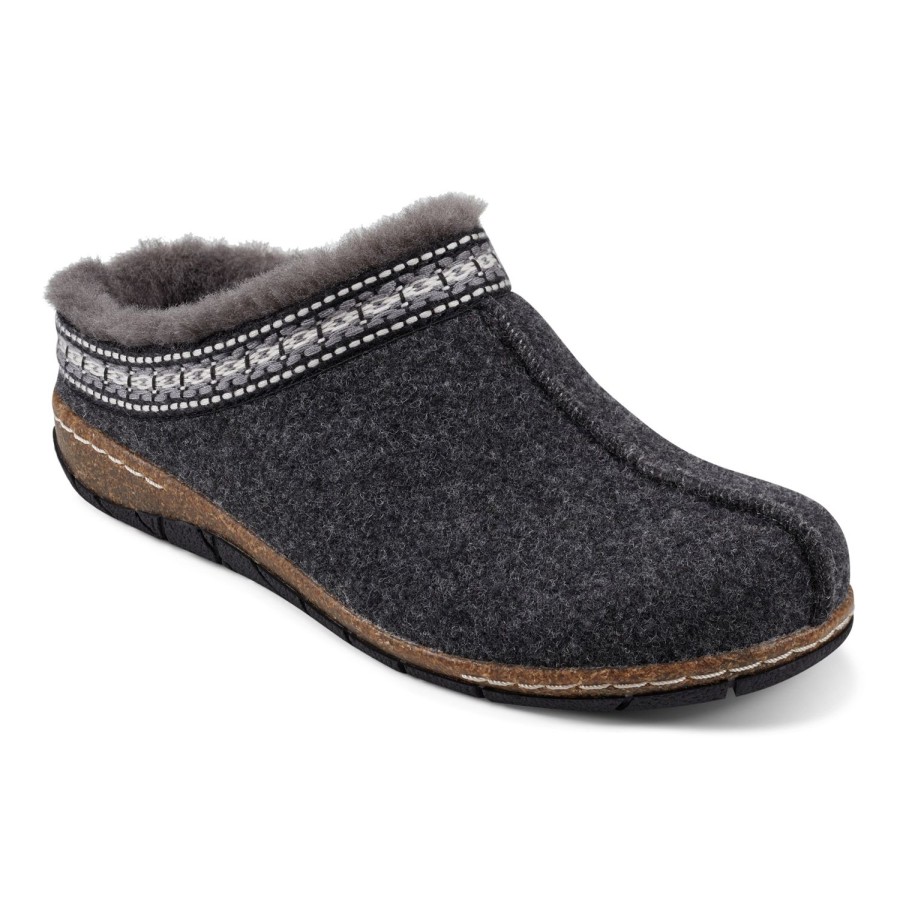 Casual Earth Shoes | Elya Round Toe Casual Slip-On Flat Clogs Dark Gray Wool