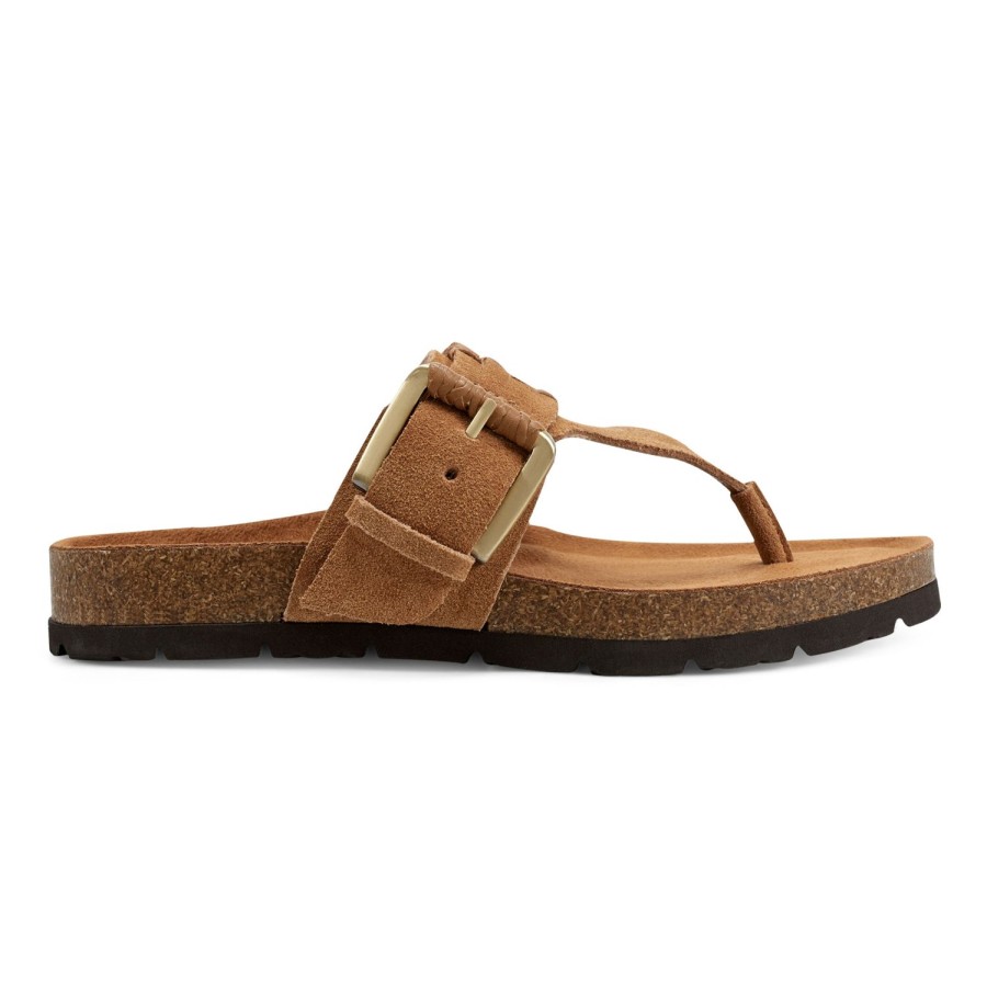 Casual Earth Shoes | Aldora Woven Round Toe Casual Flat Sandals Medium Brown