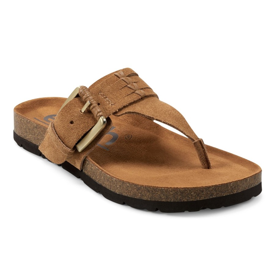 Casual Earth Shoes | Aldora Woven Round Toe Casual Flat Sandals Medium Brown