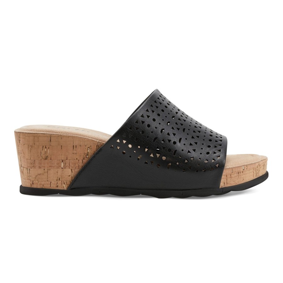 Casual Earth Shoes | Wendy Laser Cut Casual Slip-On Wedge Sandals Black