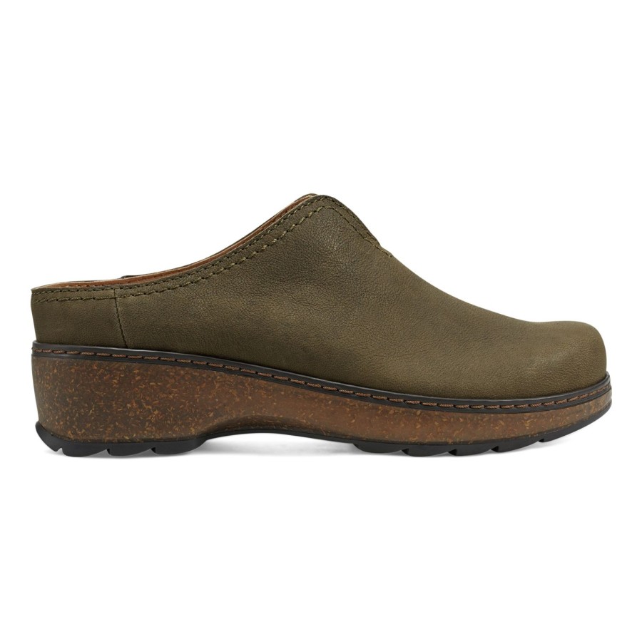 Casual Earth Shoes | Kolia Round Toe Slip-On Casual Heeled Mules Dark Green