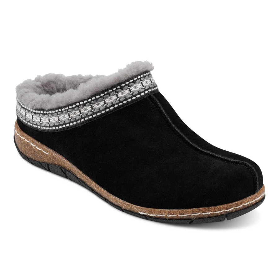 Casual Earth Shoes | Elya Round Toe Casual Slip-On Flat Clogs Black