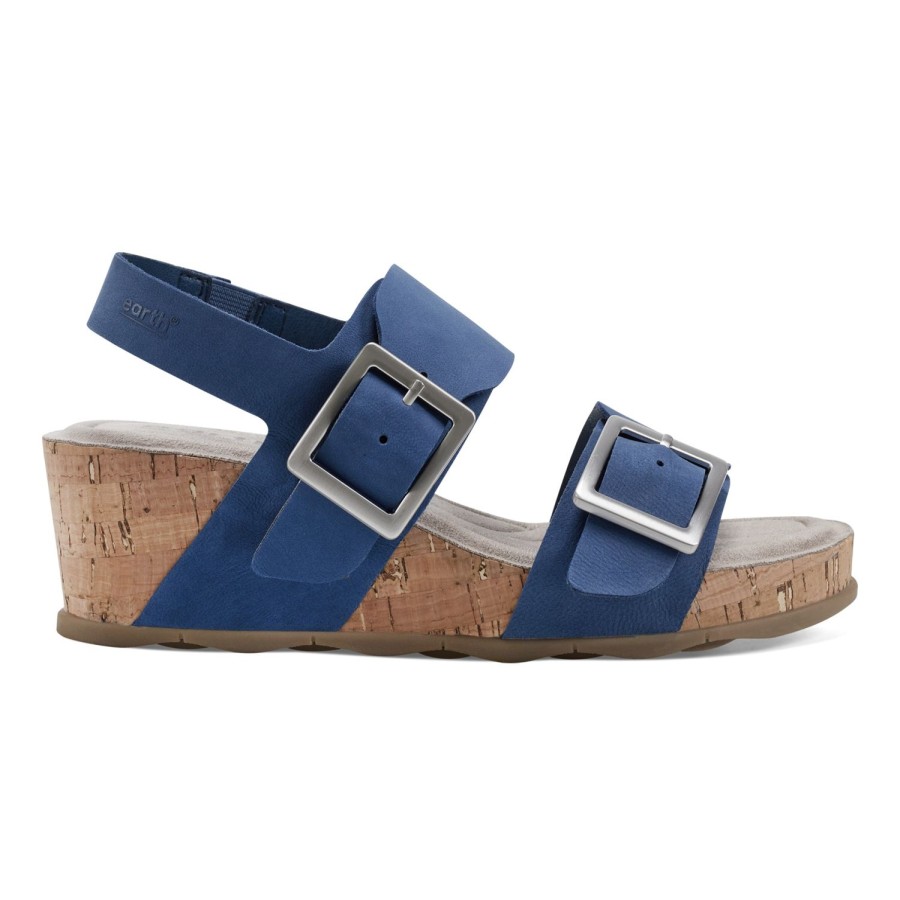 Casual Earth Shoes | Willa Strappy Casual Mid Cork Wedge Sandals Dark Blue