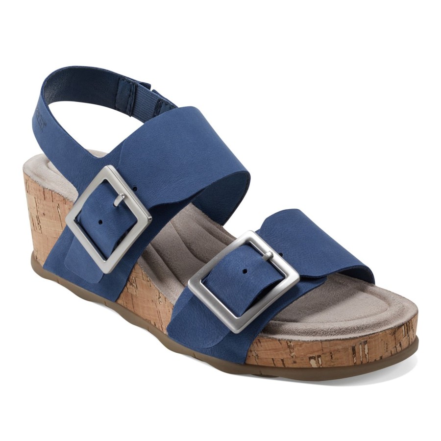 Casual Earth Shoes | Willa Strappy Casual Mid Cork Wedge Sandals Dark Blue