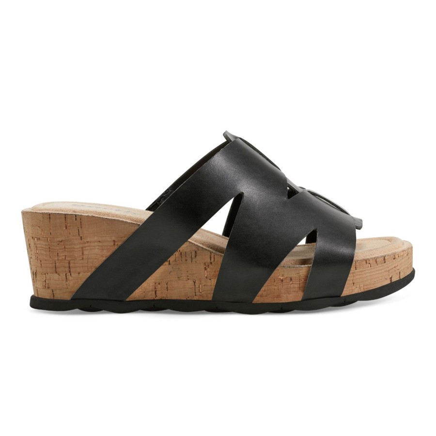 Casual Earth Shoes | Willow Casual Slip-On Mid Cork Wedge Sandals Black